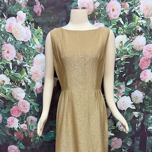 60s Gold Lame Wiggle Cocktail Dress Medium Sheath Dress