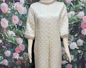 60s Ivory Quilted Satin Jumpsuit Gold Metallic Trim  