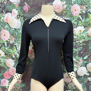70s Black Stretch Nylon Bodysuit Polka Dot Collar Cuffs