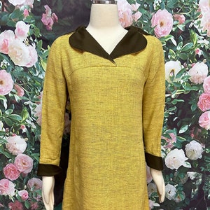 60s Mustard Yellow Linen Mod Dress Brown Trim