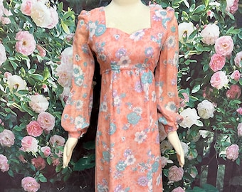 60s Boho Pink Floral Maxi Dress Blue Flower XS