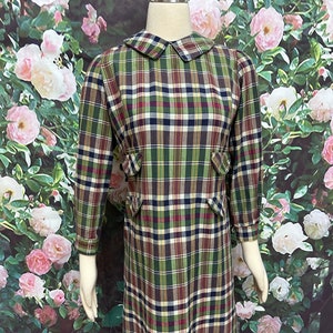 60s Green Plaid Dress Front Pockets Medium