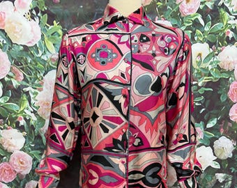 希少なBessiシルクブラウスピンク＆グリーン幾何学模様レトロプリント