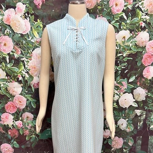 60s Blue Polyester Knit Lace Up Shift Dress Large
