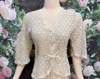 70s Cream Crochet Lace Cardigan Drawstring Waist