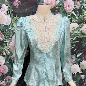80s Ice Blue Satin Brocade Blouse Lace Yoke JC Penney NOS