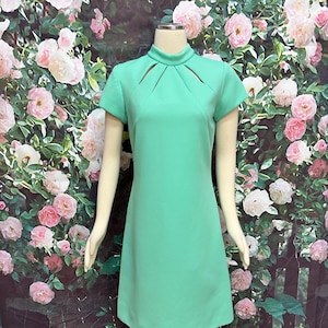 60s Green Poly Knit Midi Dress Cutout Neckline