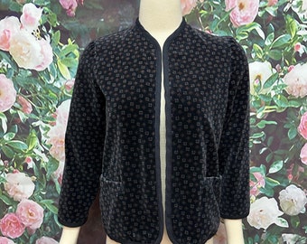 80s Navy Blue Floral Velvet Blazer by The Ritz Open Blazer
