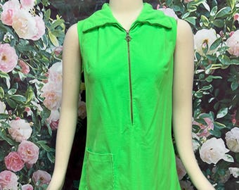 70s Lime Green Terry Cloth Swim Coverup Zip Terrycloth Dress