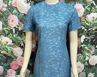 50s Blue Lace Overlay Wiggle Dress Sheath Dress Small