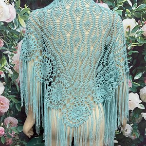 Vintage Sky Blue Fringe Triangle Shawl Festival