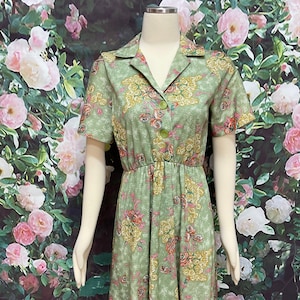 70s Green Floral Polyester Shirt Dress Homemade