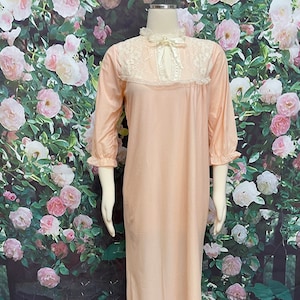 70s Peach Brushed Nightgown Lace Yoke Granny Nightie