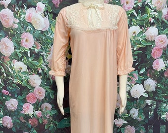 70s Peach Brushed Nightgown Lace Yoke Granny Nightie