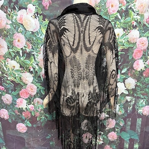 70s Black Floral Lace Fringe Shawl Triangle Shawl