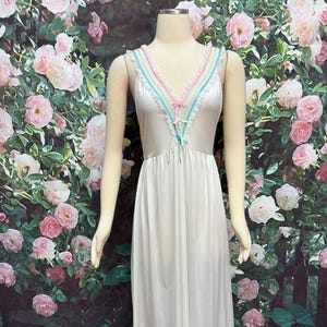 70s Maidenform White Boho Nightgown Pastel Ribbon Sweet Dreams
