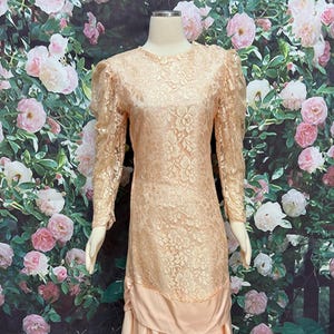 80s Peach Lace Dress Taffeta Mermaid Dress by Elinko Small