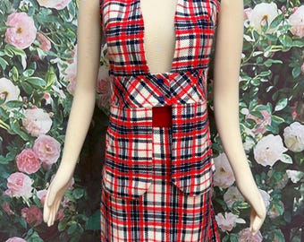 70s Red Blue Plaid Vest and Mini Skirt Groovy Homemade