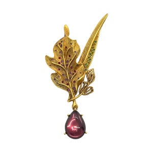 80s Oscar De La Renta Gold Leaf Brooch Purple Dangle