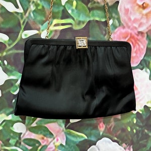 50s Black Satin Purse Large Rhinestone Clasp Clutch