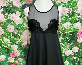 70s Deena Sexy Black Sheer Nightgown Lace Small