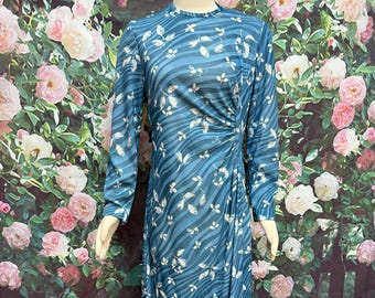 70s Henry Lee Blue Floral Maxi Dress Gathered Side Medium