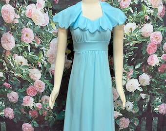 70s Blue Maxi Dress Scallop Collar Allegro Fashions Small