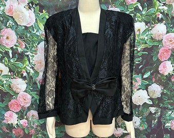80s Black Lace Formal Jacket Rhinestone Bow