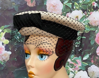 60s Cream Straw Hat Black Bow Net