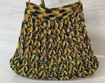 60s Green Yellow Woven Cord Drawstring Purse Knit Reticule