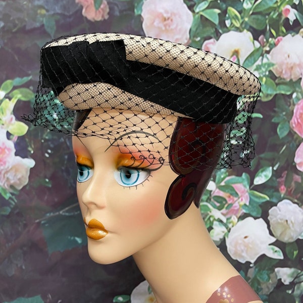 60s Cream Straw Hat Black Bow Net