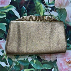 70s Gold Ruffle Leather Evening Purse Convertible Clutch