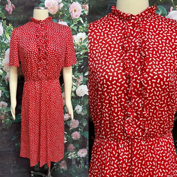 70s Sears Red Secretary Dress Ruffle Front XL - image 1