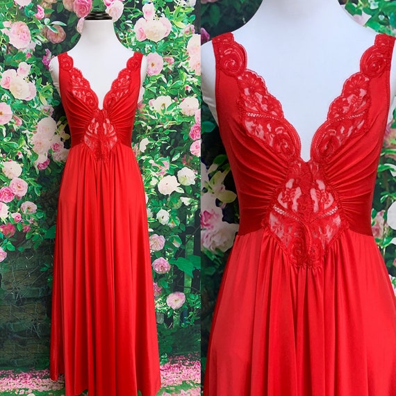 70s Olga Red Lace Nightgown Full Sweep 92270 Large
