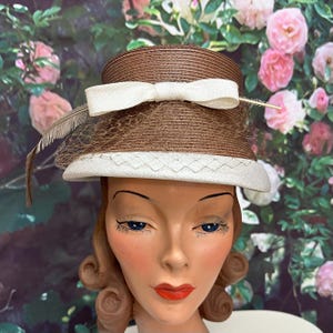 60s Brown Straw Lampshade Hat White Bow Feather Trim Net