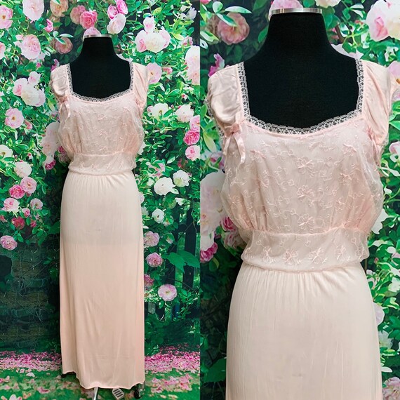 40s Pink Nightgown Embroidered Lace Overlay Large