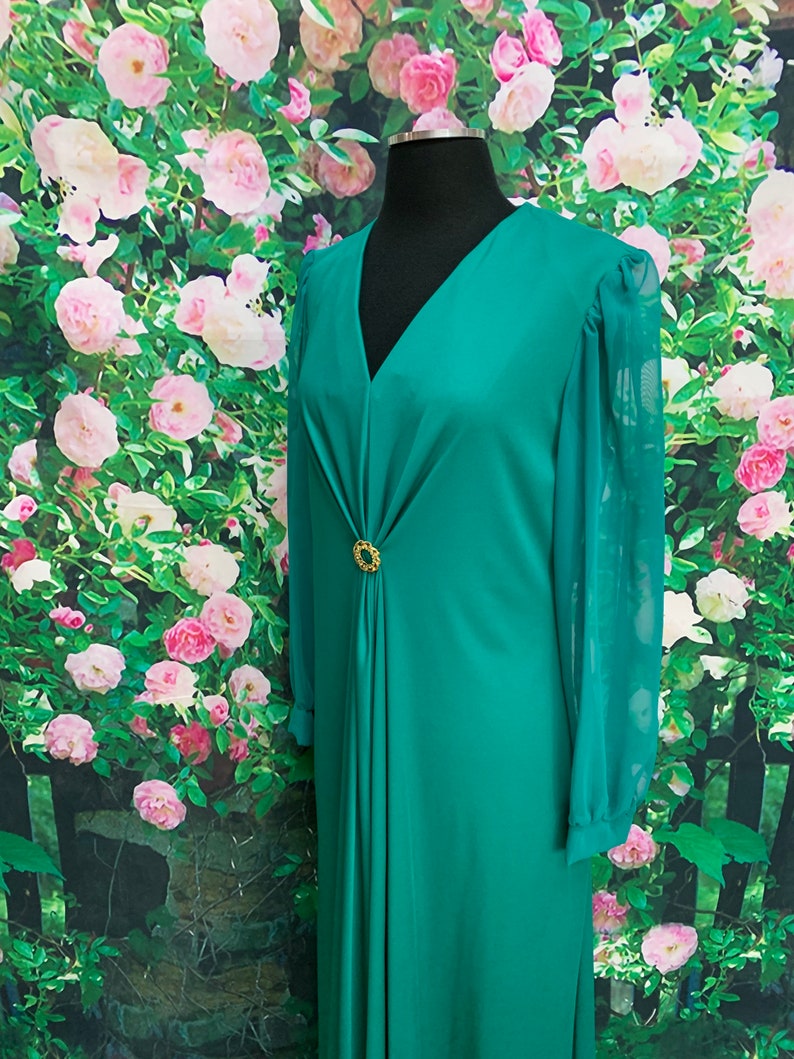 70s Jade Green Maxi Dress Sheer Chiffon Sleeves
