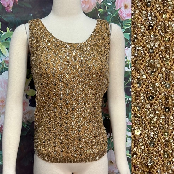 60s Cyn Les Gold sequin Beaded Shell Top
