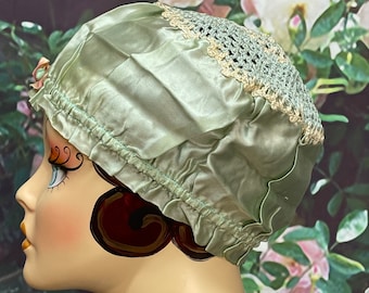 20s Green Silk Boudoir Cap Crochet Lace Sleep Bonnet