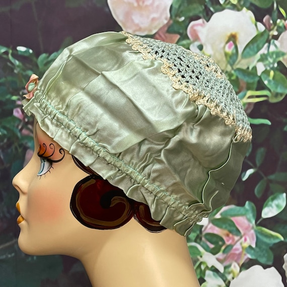 20s Green Silk Boudoir Cap Crochet Lace Sleep Bonnet - Etsy display picture 3