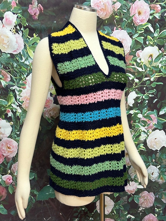 60s Black Crochet Striped Tunic Top Sweater Vest - image 4