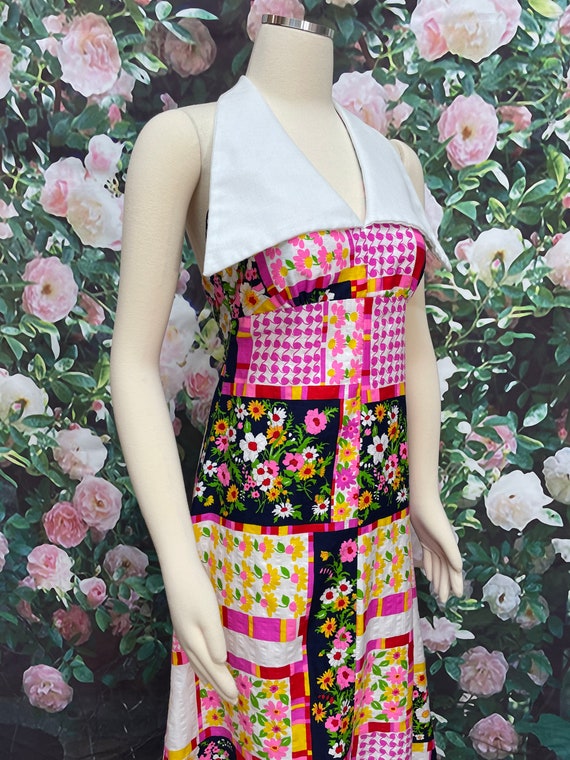 70s Pink Patchwork Halter Maxi Dress Shawl Dagger… - image 5