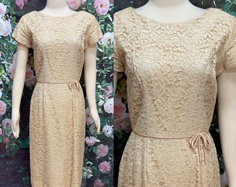 60s Cream Lace Wiggle Dress Medium