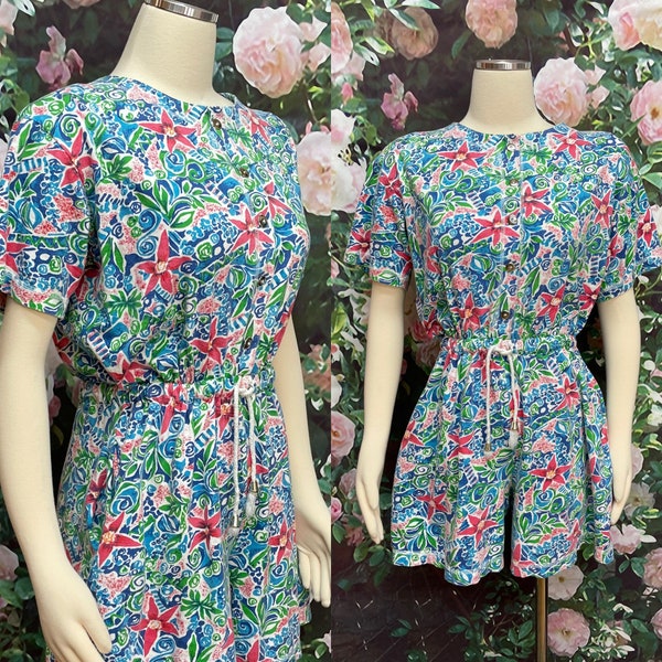 80s Victoria Jones Petites Blue Floral Playsuit Romper