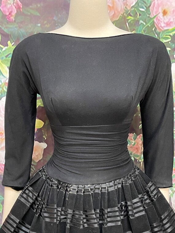 50s Black Velveteen Stripe Dress Fit and Flare - image 3