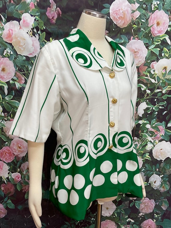 80s Green Swirl Blouse Polka Dot Homemade Shirt XL - image 7