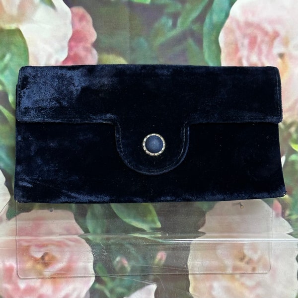 60s Blue Velvet Clutch Purse Rhinestone Button Clasp