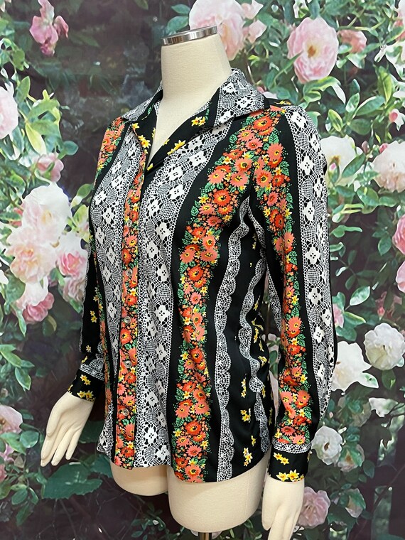 70s Lee Mar Black Floral Striped Blouse - image 4
