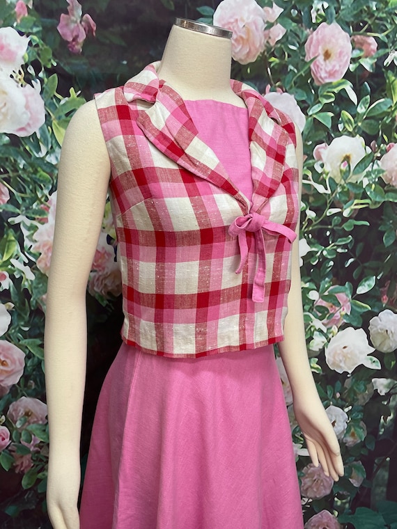 60s Bubblegum Pink Linen Skirt Plaid Blouse XS - image 6