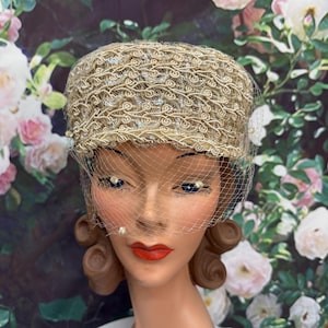 Vintage 1950s Cocktail Pillbox Hat Ivory Felt Sequined Brown Veil Mid Century Special Occasion Pillbox 1950s Vintage Hats for Women for  main image 2